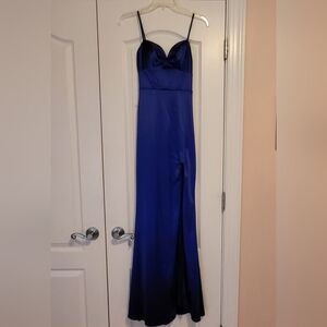 Long blue satin dress
